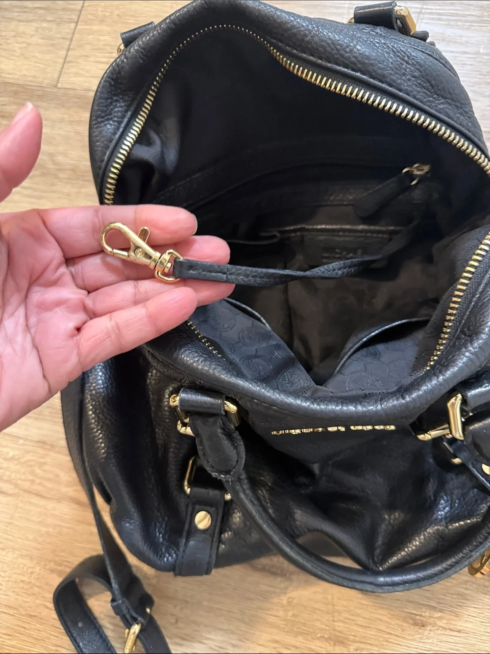 Michael Kors Black Pebbled Leather Shoulder Satchel with Gold Hardware